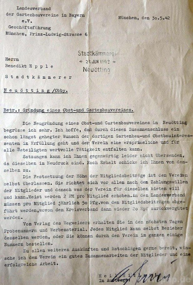 Das Schreiben zur "Grndung eines Obst- und Gartenbauvereins" datiert vom 30. Mai 1942.