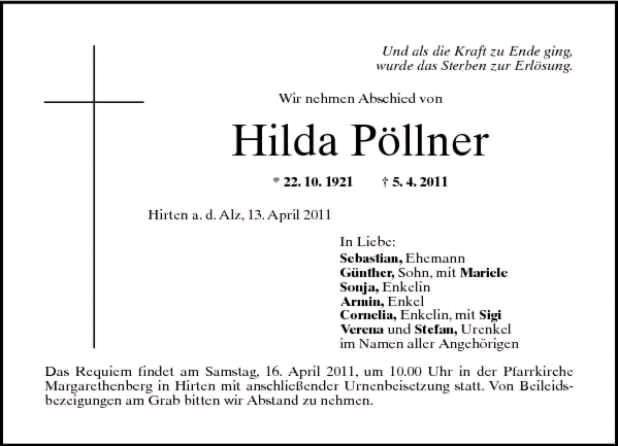 13.4.2011 Sterbeanzeige Hilda Poellner
